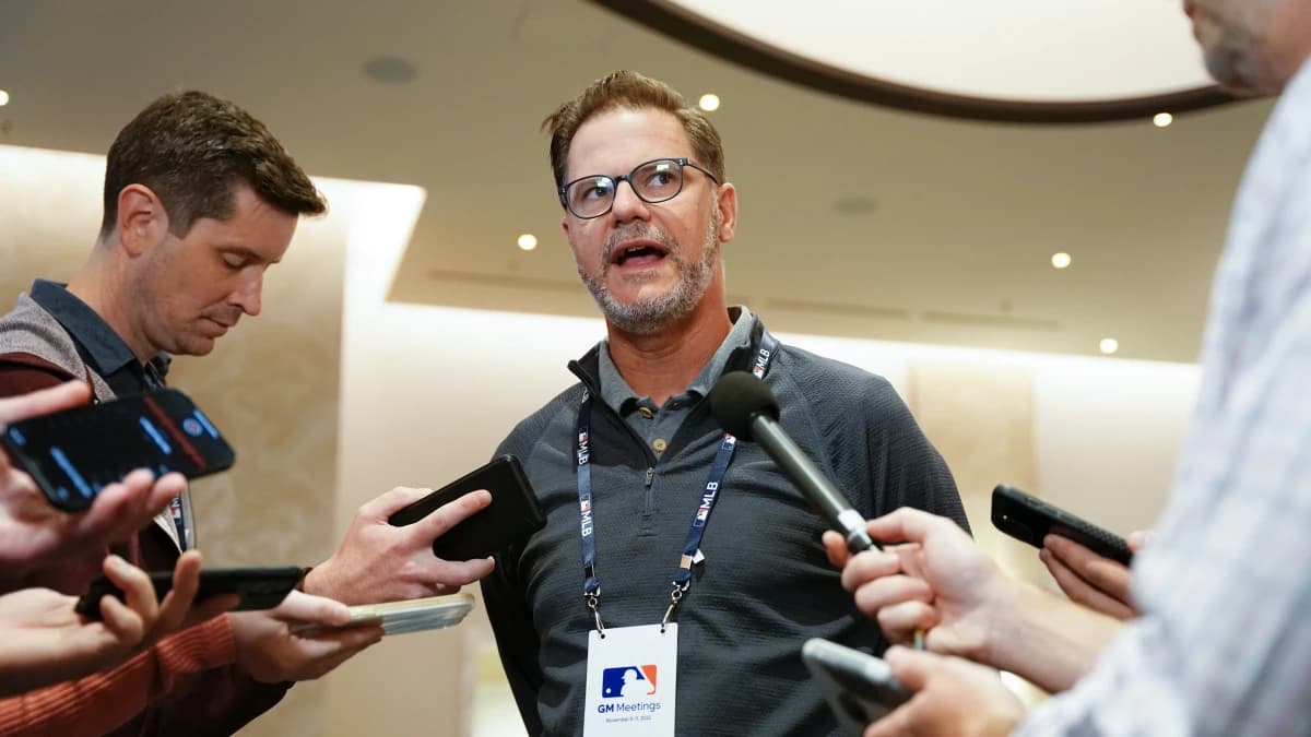Toronto Blue Jays general manager Ross Atkins answers questions to the media during the MLB GM Meetings at The Conrad Las Vegas.