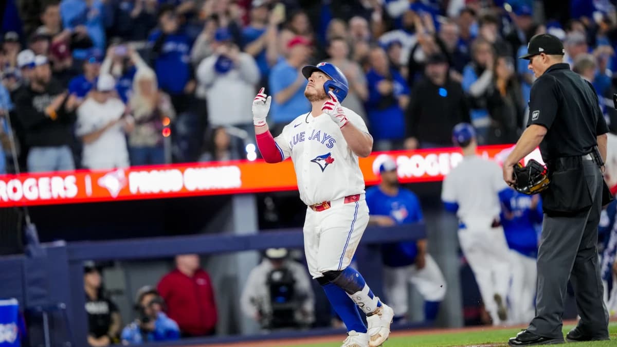 Toronto Blue Jays catcher Alejandro Kirk (30) celebrates hitting a home run against the Athletics during the ninth inning at Rogers Centre.