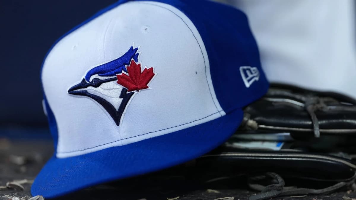 A detailed view of a Toronto Blue Jays hat in the sixth inning for game seven of the 2025 MLB World Series at Rogers Centre.