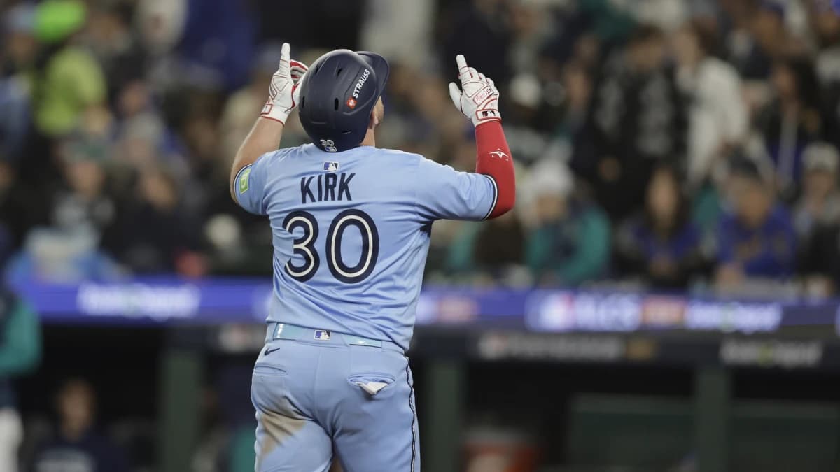 Toronto Blue Jays catcher Alejandro Kirk (30) celebrates after hitting a three-run home run in the sixth inning against the Seattle Mariners during game three of the ALCS round for the 2025 MLB playoffs at T-Mobile Park
