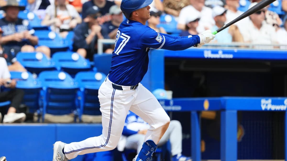 Toronto Blue Jays first baseman Riley Tirotta (87) doubles during the fifth inning ]against the Detroit Tigers at TD Ballpark.