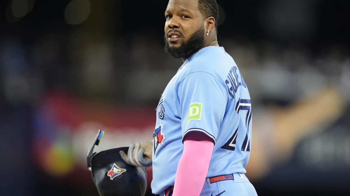 Toronto Blue Jays first baseman Vladimir Guerrero Jr. (27) reacts while on base after walk during the ninth inning against the Houston Astros at Rogers Centre.