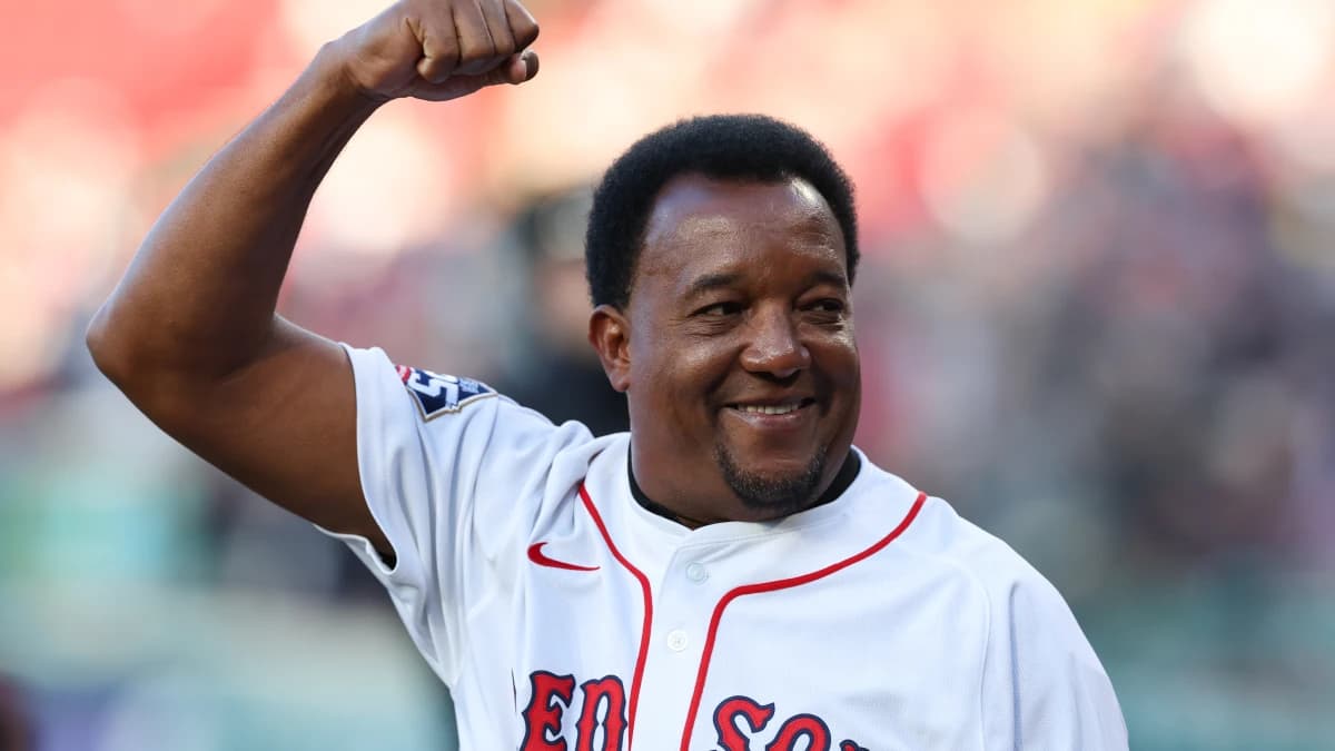 Former Boston Red Sox player Pedro Martinez waves to the crowd prior to a game between the Boston Red Sox and the Tampa Bay Rays at Fenway Park.