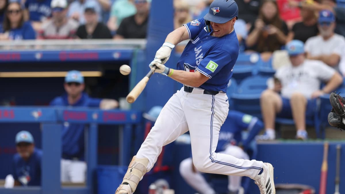 Toronto Blue Jays first baseman Sean Keys (89) singles against the Minnesota Twins in the second inning during spring training at TD Ballpark.