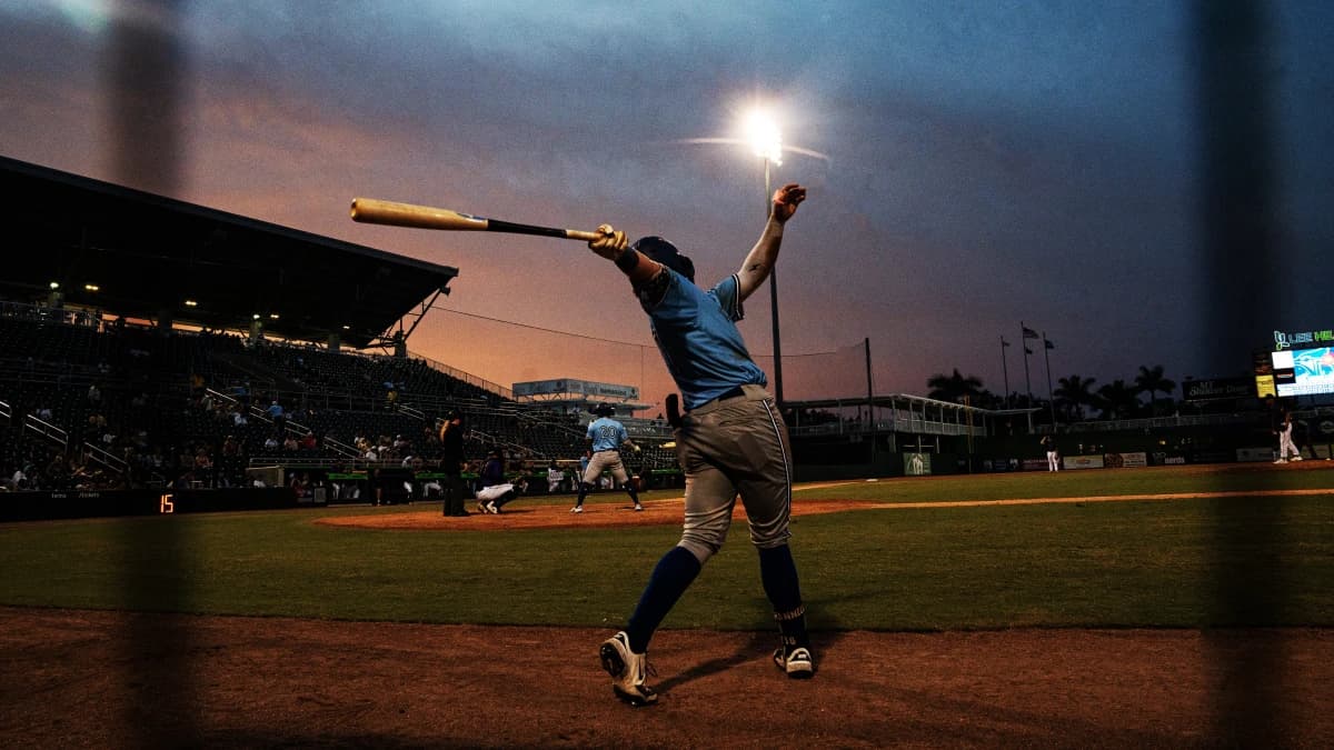 Matt Scannell, a player for the Dunedin Blue Jays warms up in the batters box during a games against the Fort Myers Might Mussels at Hammond Stadium on Saturday, Aug. 2, 2025. The Mussels won 3-2 in extra innings.
