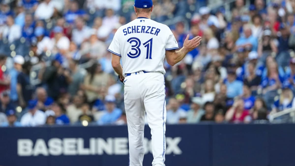 Toronto Blue Jays pitcher Max Scherzer (31) celebrates his career 3500th strike out against the Philadelphia Phillies during the first inning at Rogers Centre.