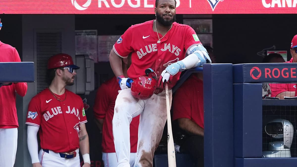Toronto Blue Jays first baseman Vladimir Guerrero Jr. (27) waits for his turn at bat against the New York Mets during the sixth inning at Rogers Centre.