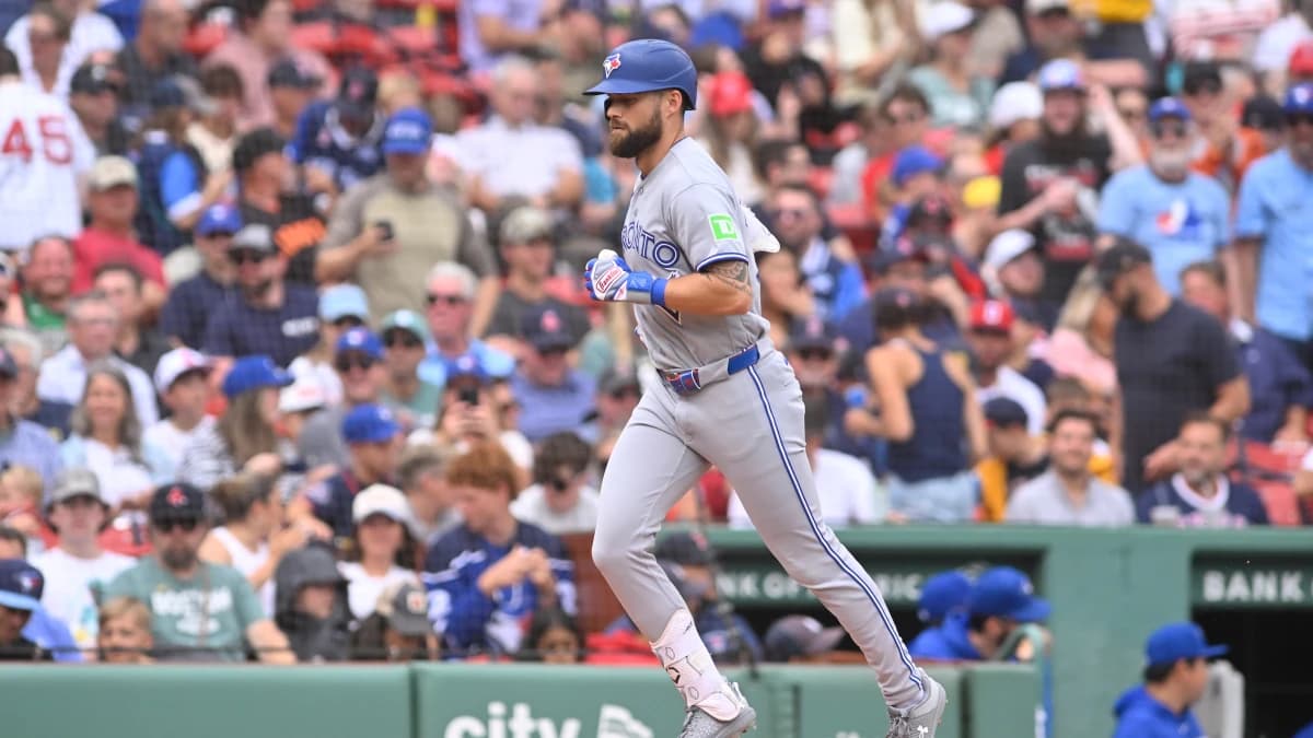 Toronto Blue Jays center fielder Nathan Lukes (38) runs out the bases after hitting a home run against the Boston Red Sox during the eighth inning at Fenway Park.