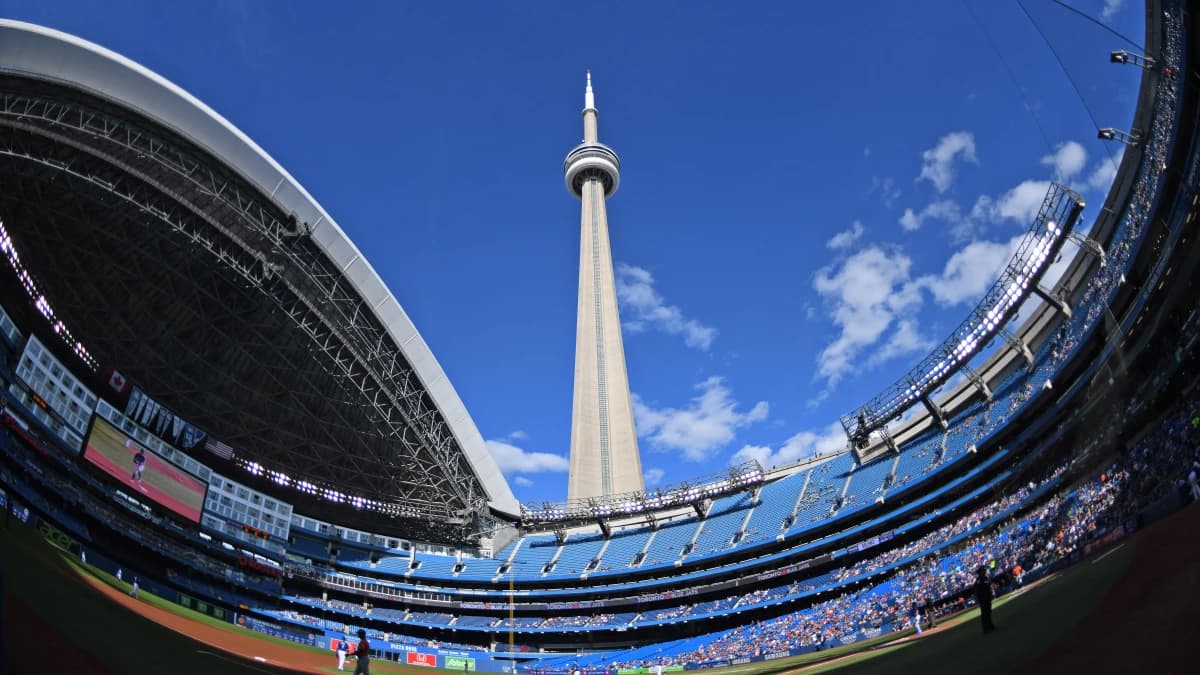 Rogers Centre stadium view from third baseline during the regular season MLB game between the Houston Astros and Toronto Blue Jays at Rogers Centre.