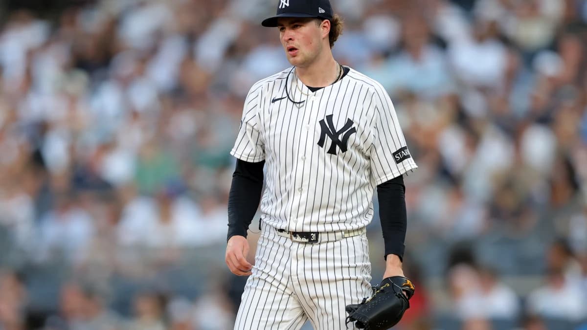 New York Yankees starting pitcher Cam Schlittler (31) reacts during the first inning against the Detroit Tigers at Yankee Stadium.
