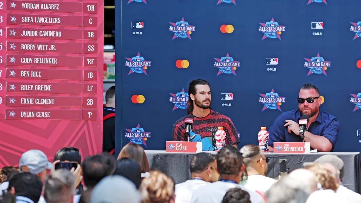 Toronto Blue Jays pitcher Dylan Cease (84) and manager of the Toronto Blue Jays John Schneider speak at the conference before the Home Run Derby at Citizens Bank Park