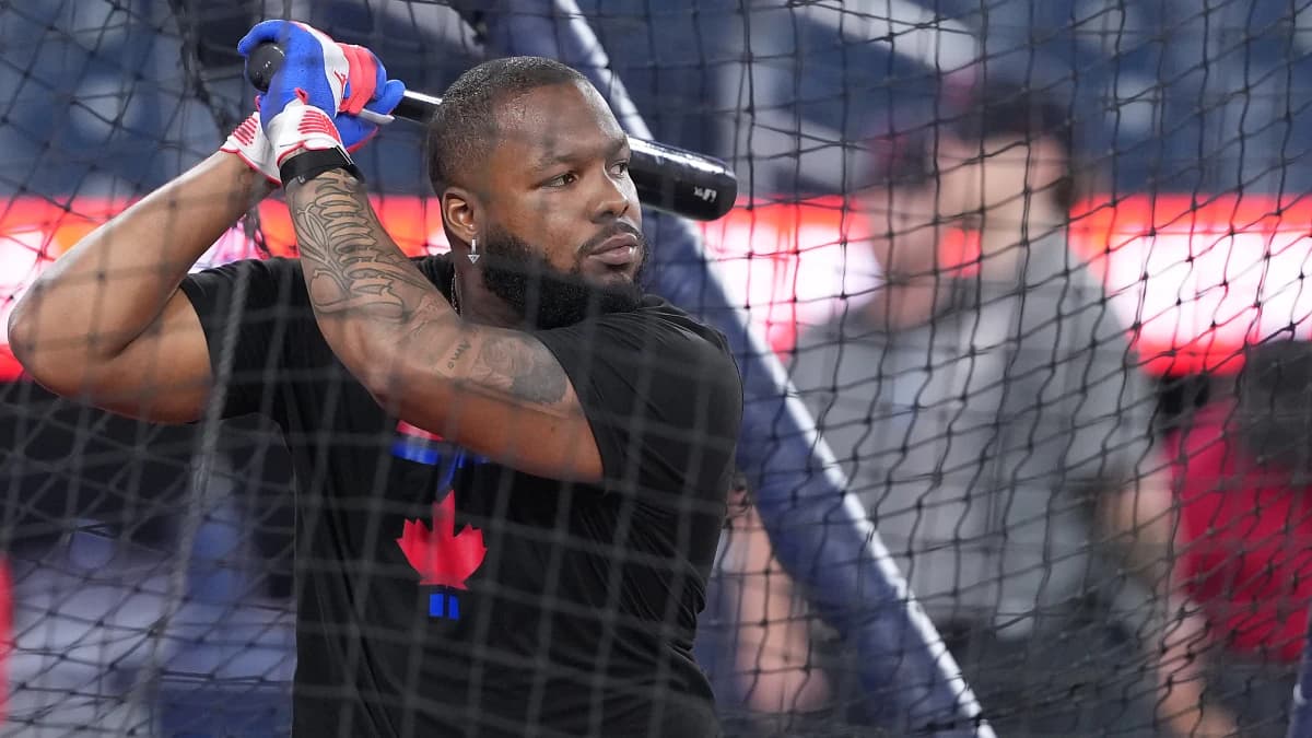Toronto Blue Jays first baseman Vladimir Guerrero Jr. (27) takes batting practice before a game against the Chicago White Sox at Rogers Centre.