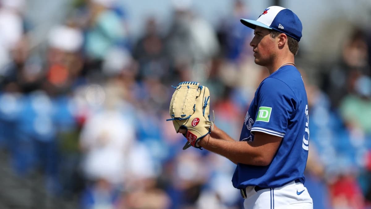 Toronto Blue Jays pitcher Jake Bloss (39) sets to throw a pitch against the Houston Astros in the seventh inning during spring training at TD Ballpark