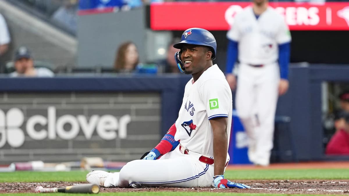 Toronto Blue Jays right fielder Jesus Sanchez (12) ends up on the ground after trying to avoid a pitch against the Houston Astros during the third inning at Rogers Centre.