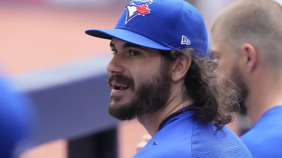 Toronto Blue Jays pitcher Dylan Cease (84) in the dug out during the second inning against the Chicago White Sox at Rogers Centre.