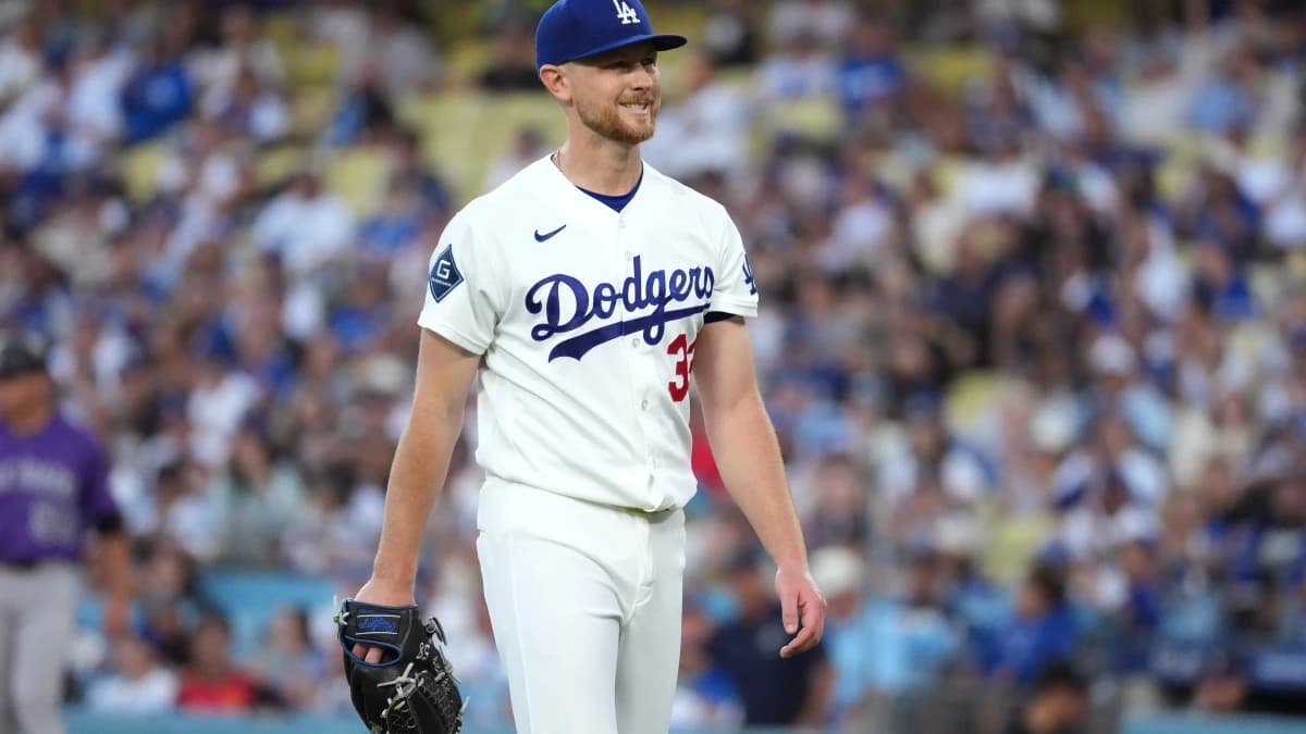 Los Angeles Dodgers pitcher Eric Lauer (33) reacts in the second inning against the Colorado Rockies at Dodger Stadium.