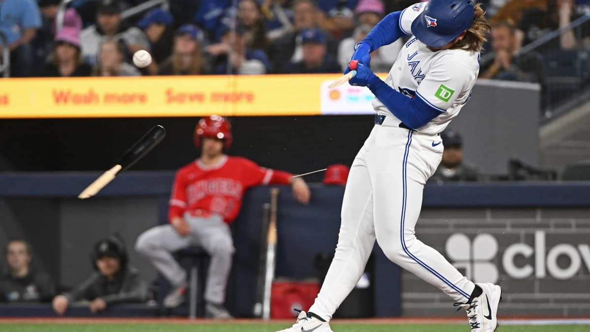 Toronto Blue Jays right field Addison Barger (47) breaks a bat while batting against the Los Angeles Angels at Rogers Centre.