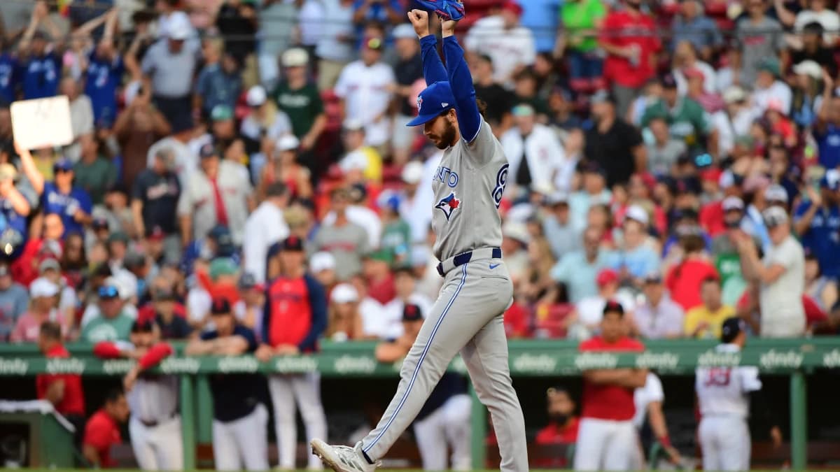 Toronto Blue Jays pitcher Dylan Cease (84) reacts after the final out in defeating the Boston Red Sox at Fenway Park.