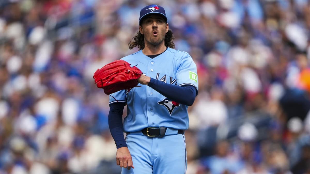 Toronto Blue Jays pitcher Kevin Gausman (34) celebrates after throwing a strike against the St. Louis Cardinals during the fourth inning at Rogers Centre.