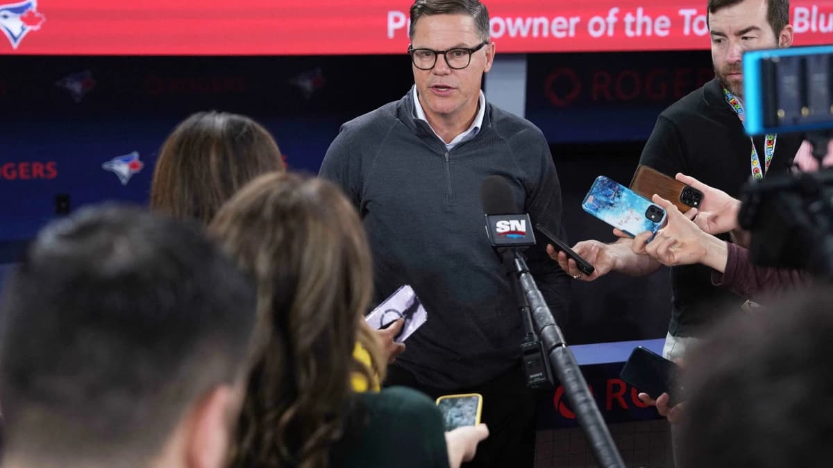 Toronto Blue Jays general manager Ross Atkins addresses the media before a game against the Tampa Bay Rays at Rogers Centre