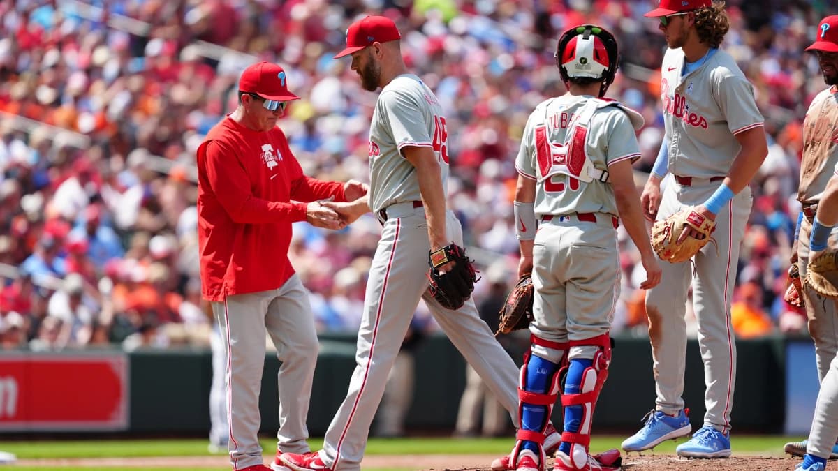 Philadelphia Phillies manager Rob Thomson (59) takes out pitcher Zach Wheeler (45) from the game during the fifth inning against the Baltimore Orioles at Oriole Park at Camden Yards