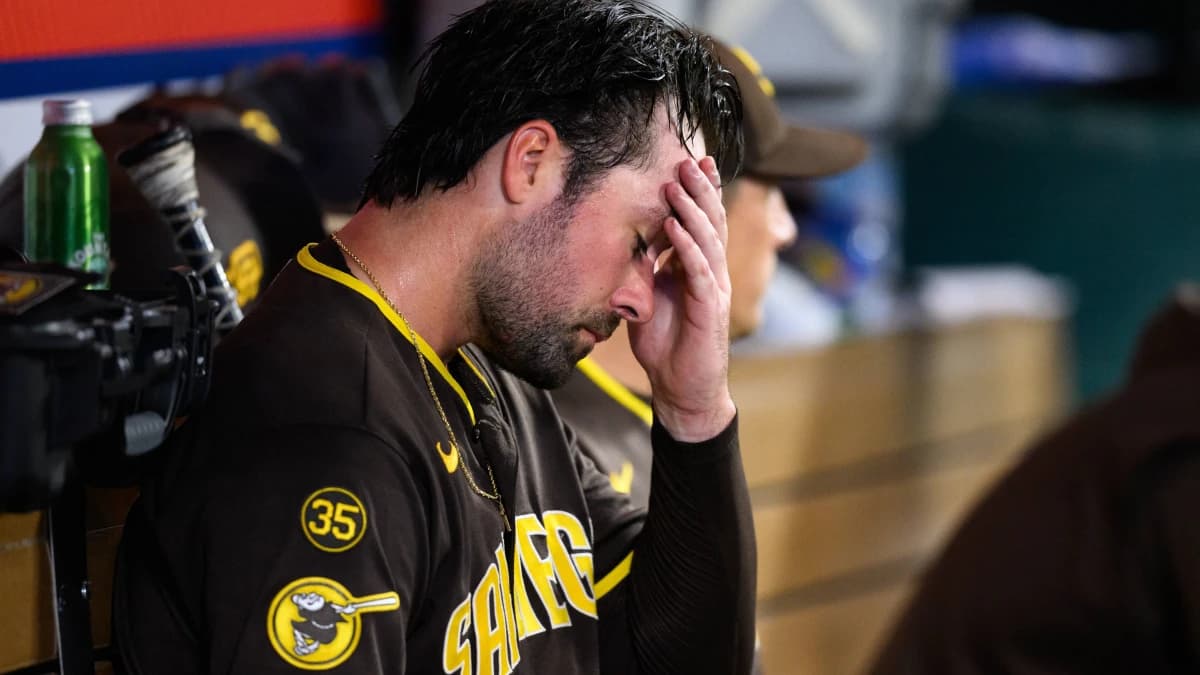 San Diego Padres pitcher Matt Waldron (61) looks on after a pitching change during the fourth inning against the Los Angeles Angels at Angel Stadium