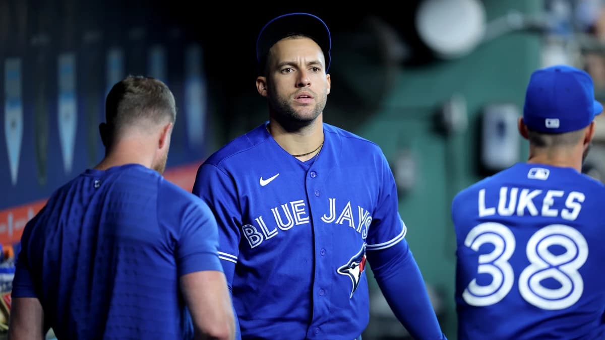 Toronto Blue Jays designated hitter George Springer (4) in the dugout prior to the game against the Houston Astros at Daikin Park.