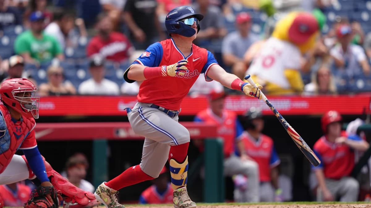 American League infielder Jojo Parker (1) hits an RBI double against National League in the seventh inning at Citizens Bank Park.