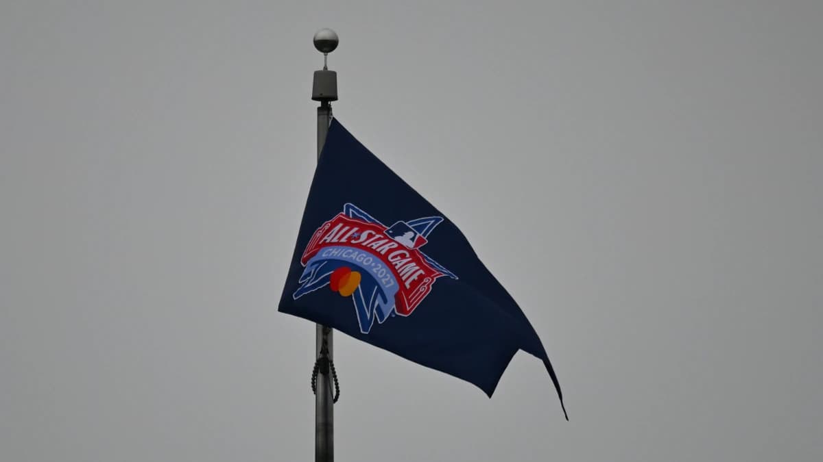 General view of an “All-Star Game 2027” flag during the game between the Chicago Cubs and the New York Yankees at Wrigley Field.