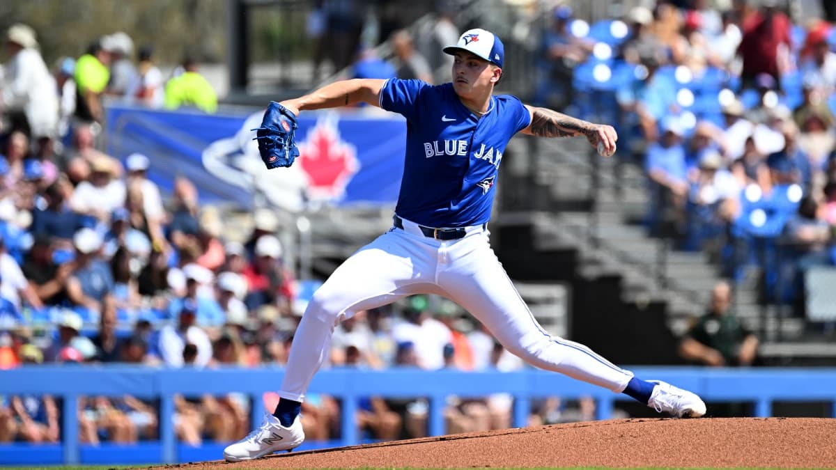 Toronto Blue Jays pitcher Ricky Tiedemann (70) throws a pitch in the first inning of the spring training game against the Detroit Tigers at TD Ballpark.