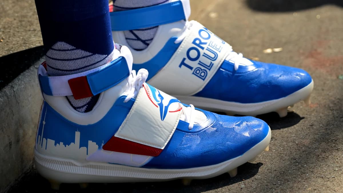 Detailed view of the baseball cleats worn by American League Futures relief pitcher Ricky Tiedemann (31) for the All Star-Futures Game at Dodger Stadium