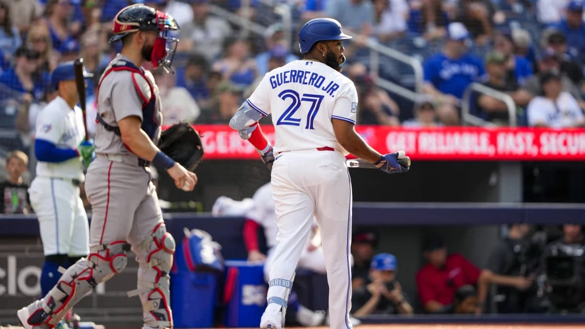 Toronto Blue Jays first baseman Vladimir Guerrero Jr. (27) reacts to striking out during the ninth inning against the Boston Red Sox at Rogers Centre.