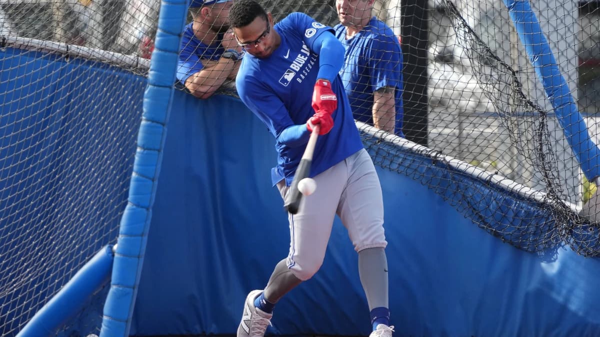 Toronto Blue Jays catcher Christian Bethancourt (60) hits the ball during spring training practice at TD Ballpark.