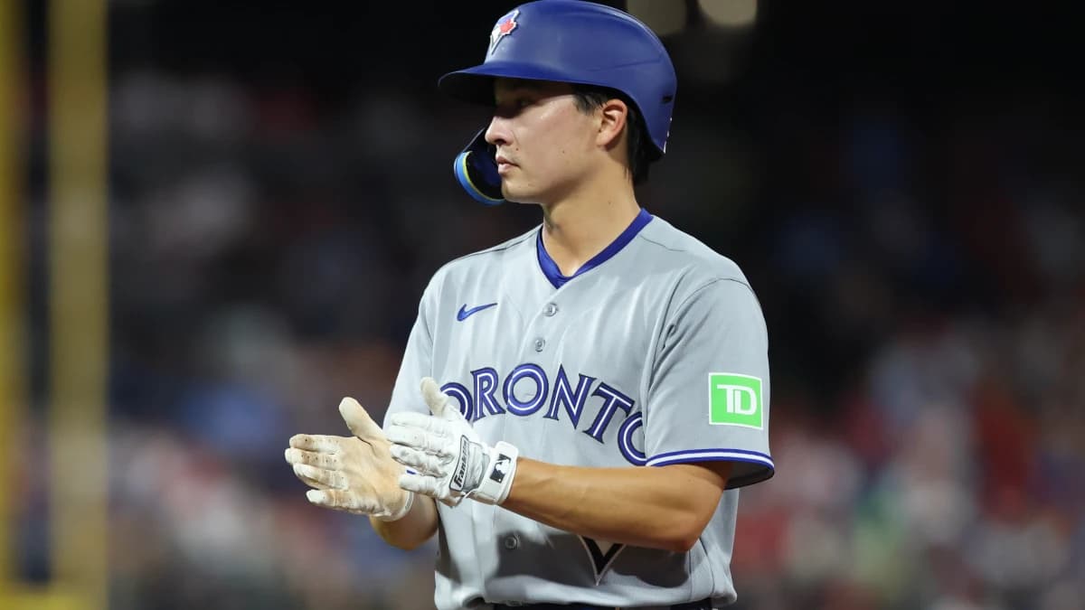 Toronto Blue Jays outfielder Brett Bateman (21) on first base during the sixth inning against the Philadelphia Phillies at Citizens Bank Park.