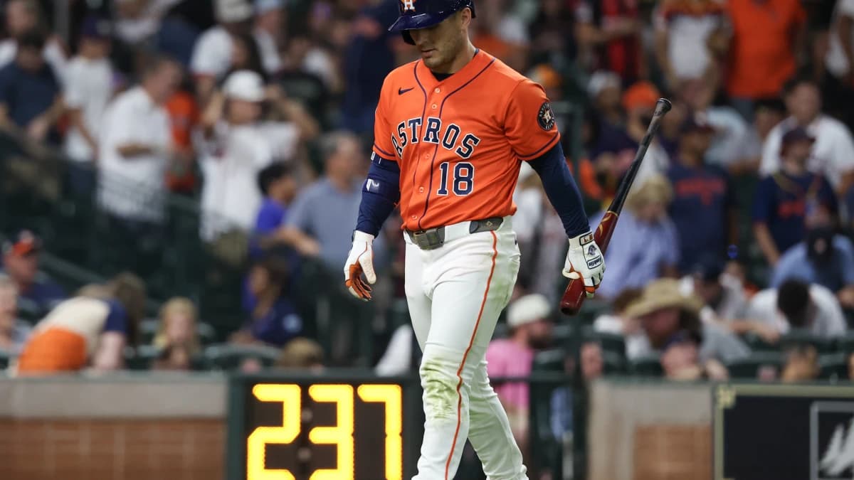 Houston Astros center fielder Daulton Varsho (18) reacts after striking out with the bases loaded against the Seattle Mariners in the eighth inning at Daikin Park