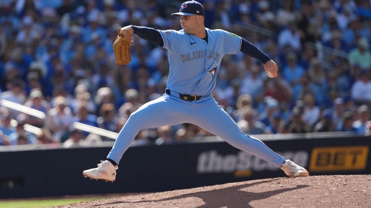 Toronto Blue Jays relief pitcher Mason Fluharty (68) throws a pitch against the New York Yankees during the sixth inning at Rogers Centre.