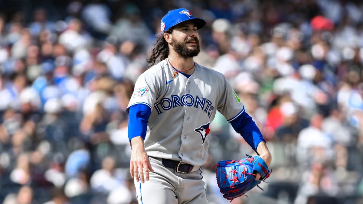 Toronto Blue Jays pitcher Dylan Cease (84) reacts during the sixth inning against the New York Yankees at Yankee Stadium.