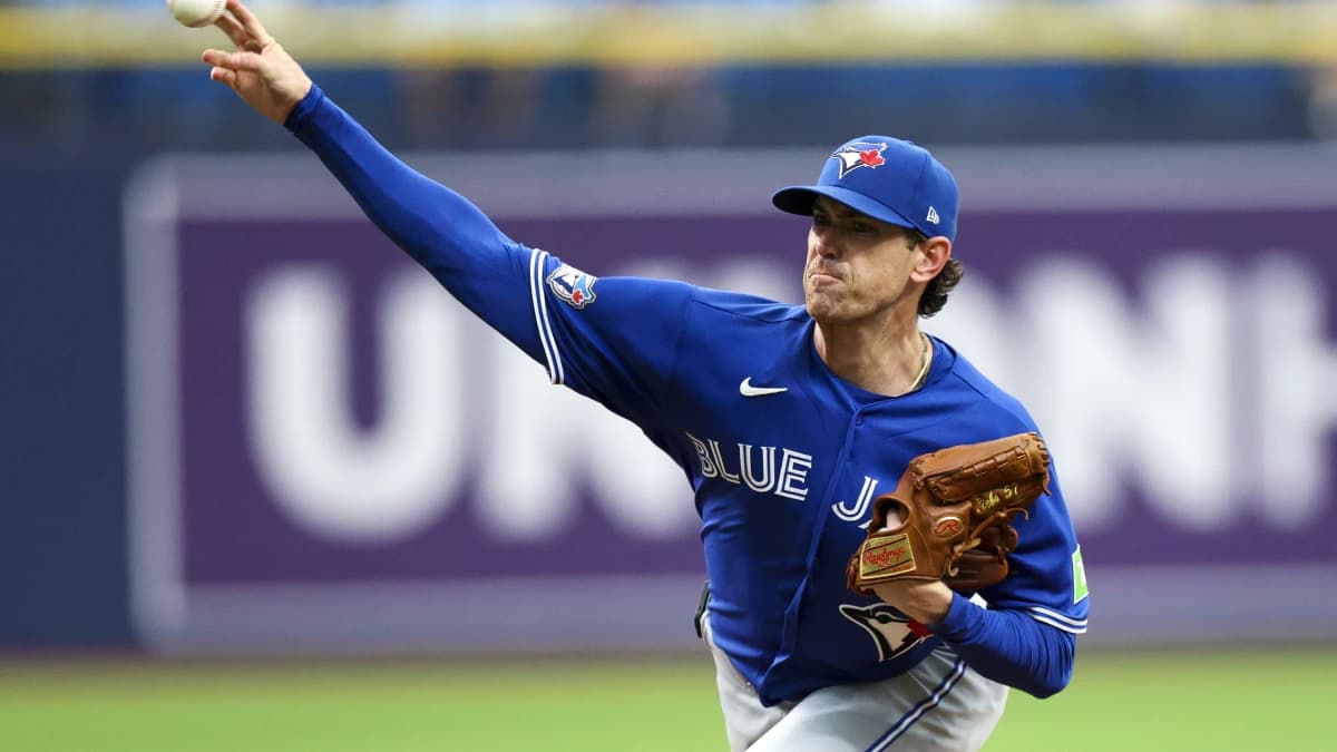 Toronto Blue Jays starting pitcher Shane Bieber (57) throws a pitch against the Tampa Bay Rays in the third inning at Tropicana Field.