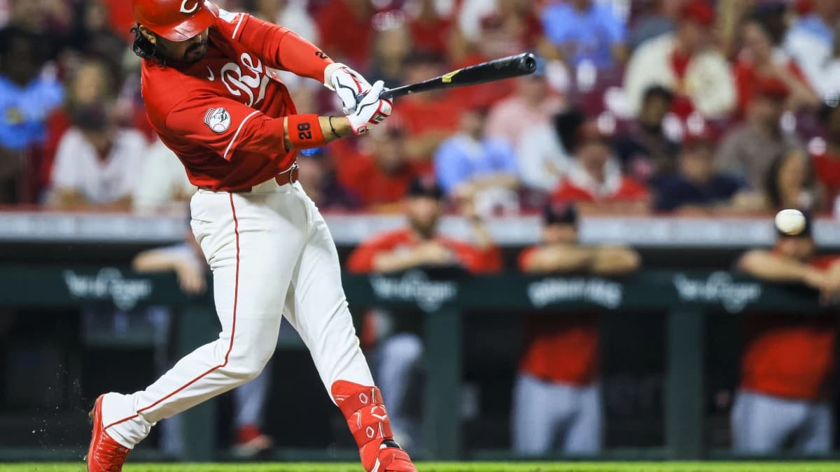 Cincinnati Reds third baseman Eugenio Suarez (28) hits a double in the eighth inning against the St. Louis Cardinals at Great American Ball Park.