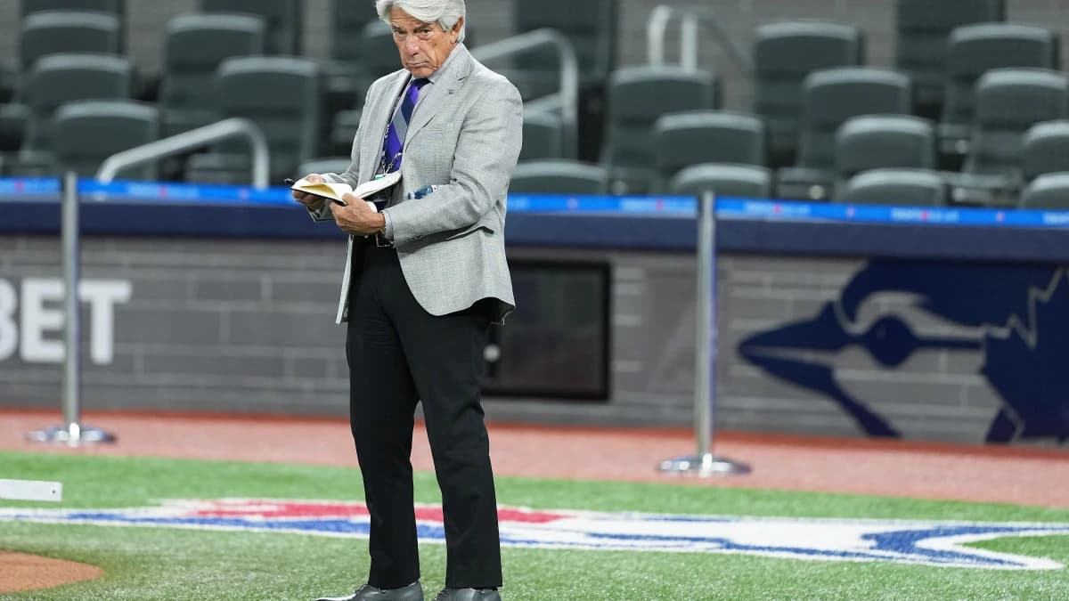 Toronto Blue Jays TV announcer Buck Martinez on the field before the game between the Washington Nationals at Rogers Centre.