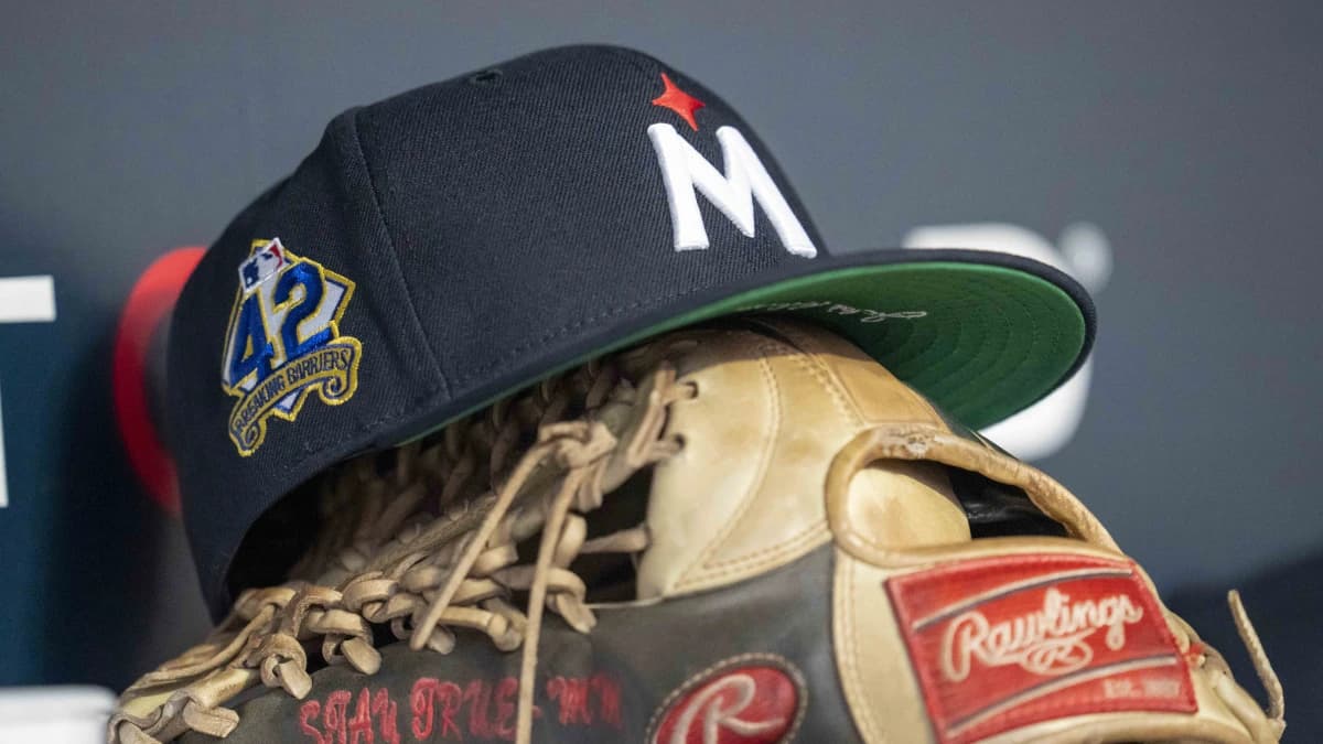 A general view of a Minnesota Twins hat with a Jackie Robinson logo stitched on the side of it against the New York Mets in the fourth inning at Target Field. All players wore #42 for Jackie Robinson Day