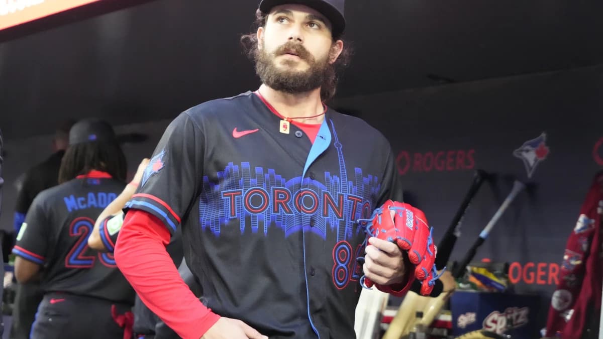 Toronto Blue Jays starting pitcher Dylan Cease (84) in the dugout during a game against the Seattle Mariners at Rogers Centre.