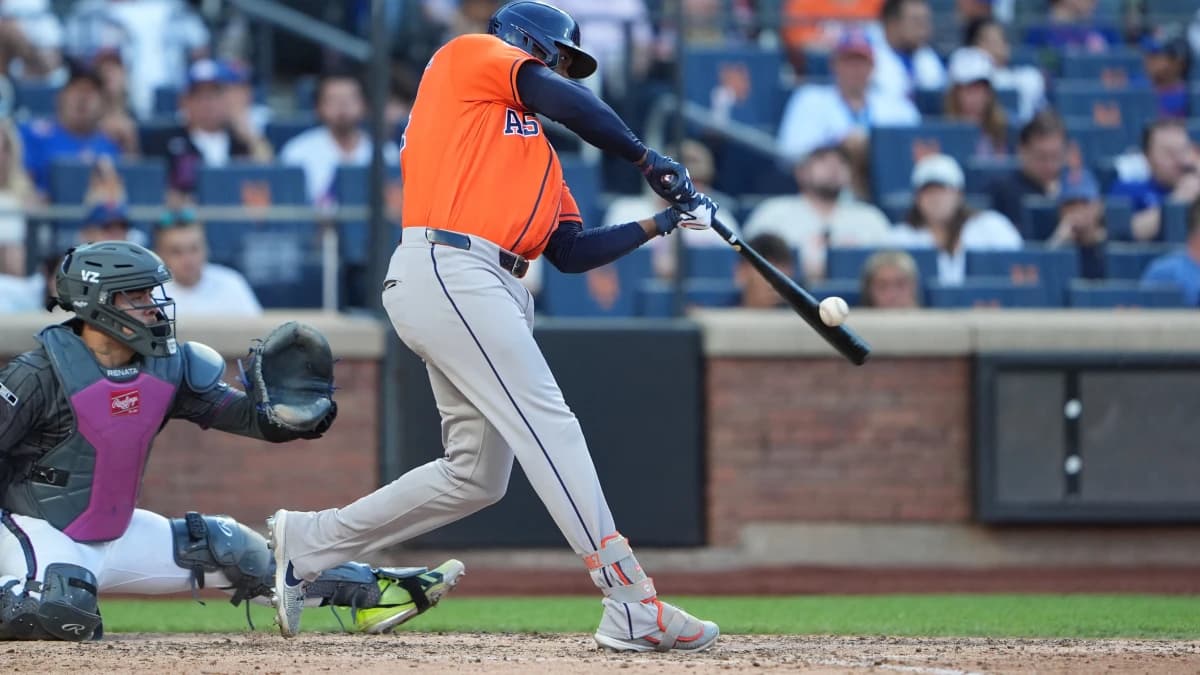 Houston Astros left fielder Yordan Alvarez (44) hits a home run against the New York Mets during the eighth inning at Citi Field.