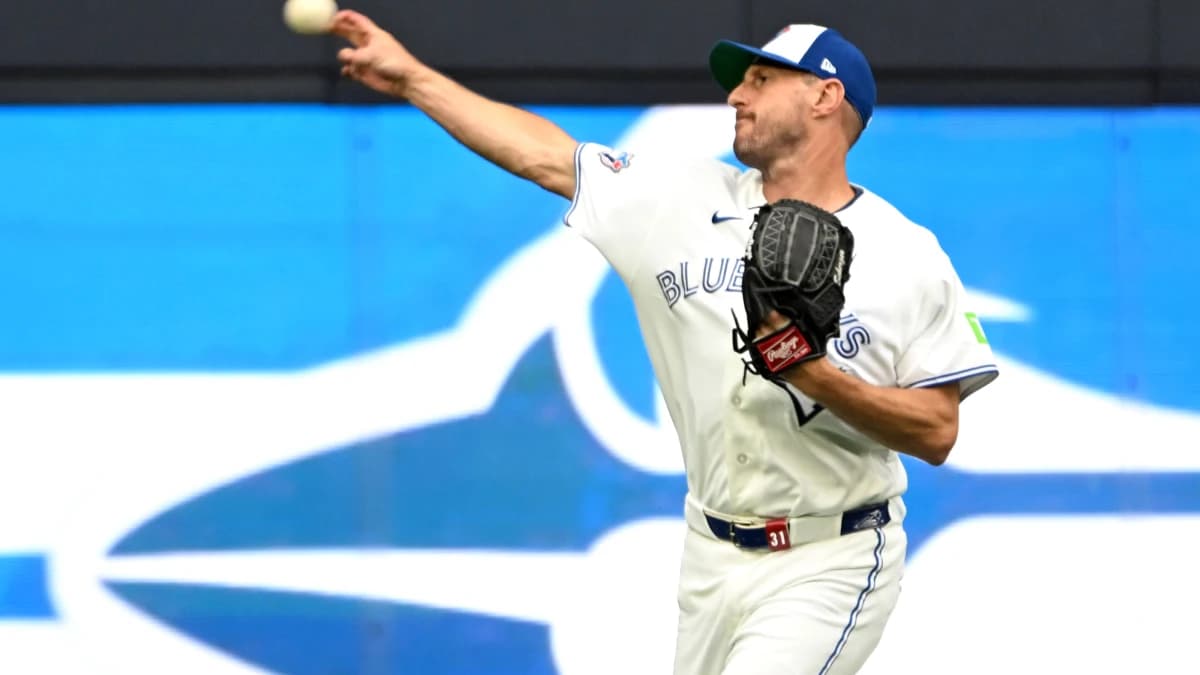 Toronto Blue Jays starting pitcher Max Scherzer (31) warms up before playing the Seattle Mariners at Rogers Centre.
