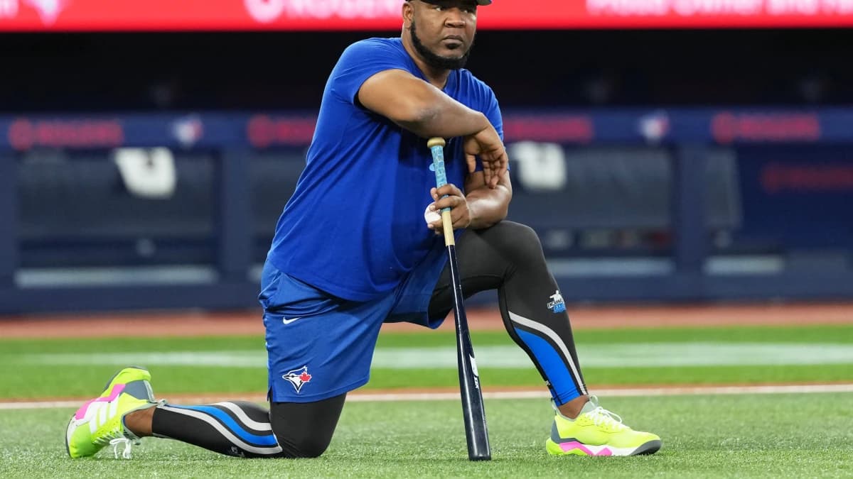Former player and assistant to the Toronto Blue Jays coaching staff Edwin Encarnacion watches batting practice before a game against the Detroit Tigers at Rogers Centre.
