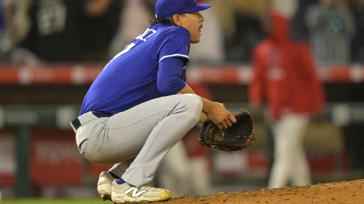 Los Angeles Dodgers relief pitcher Jose Rodriguez (97) reacts after giving up a walk-off single to Los Angeles Angels left fielder Taylor Ward (3) in the ninth inning at Angel Stadium