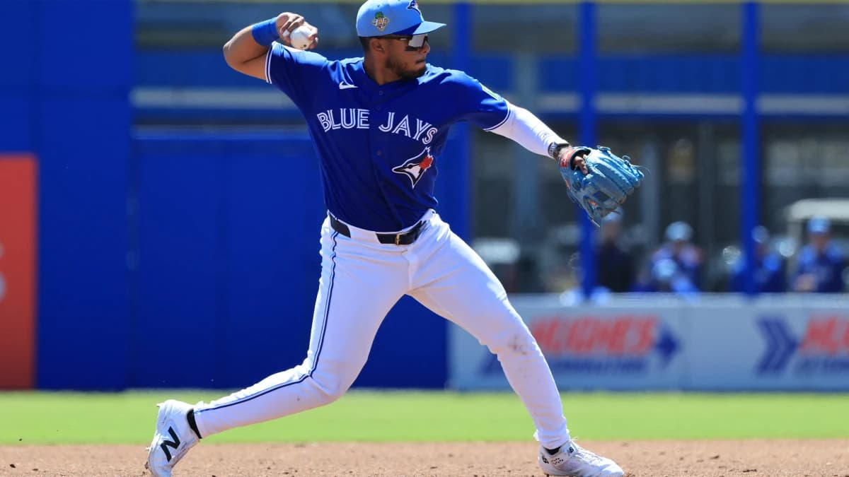 Toronto Blue Jays shortstop Leo Jimenez (49) throws the ball to first base for an out during the second inning against the Baltimore Orioles at TD Ballpark.
