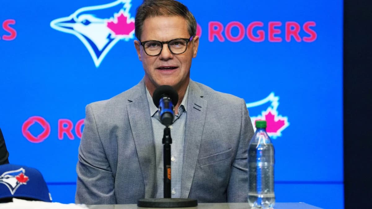 Toronto Blue Jays general manager Ross Atkins speaks to the media during the press conference room at Rogers Centre.