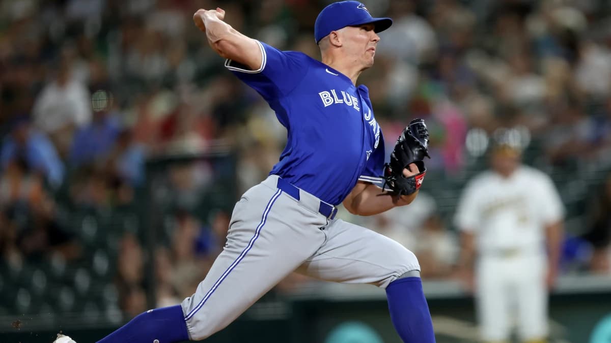 Toronto Blue Jays pitcher Chad Green (57) throws a pitch against the Athletics during the eighth inning at Sutter Health Park