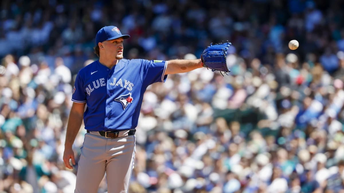 Toronto Blue Jays starting pitcher Trey Yesavage (39) receives a new baseball during the second inning against the Seattle Mariners at T-Mobile Park.